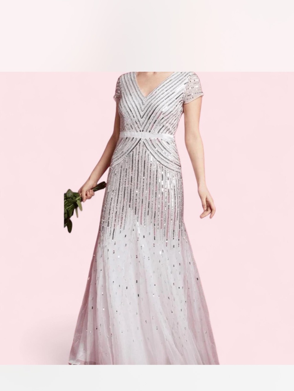 Adrianna Papell Silver Sequin V-Neck Maxi Gown